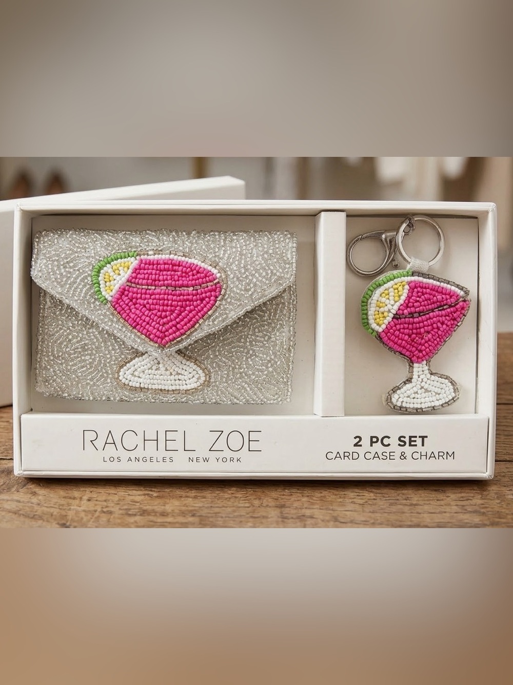 Rachel Zoe NWT Silver Bead Margarita Card Case Wallet & Matching Charm Gift Set